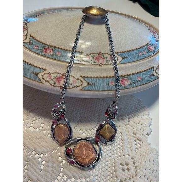 Vintage Silver Multi Colored Gemstones Brutalist Adjustable “H” Maker Mark Neckl - Picture 1 of 11